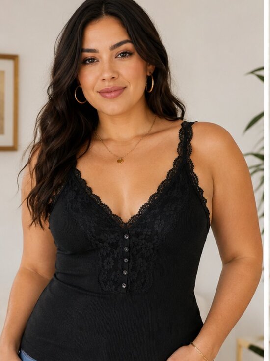 Streetwear Society Tops - Streetwear Society L Black Lace Trim Button Front Cotton Tank